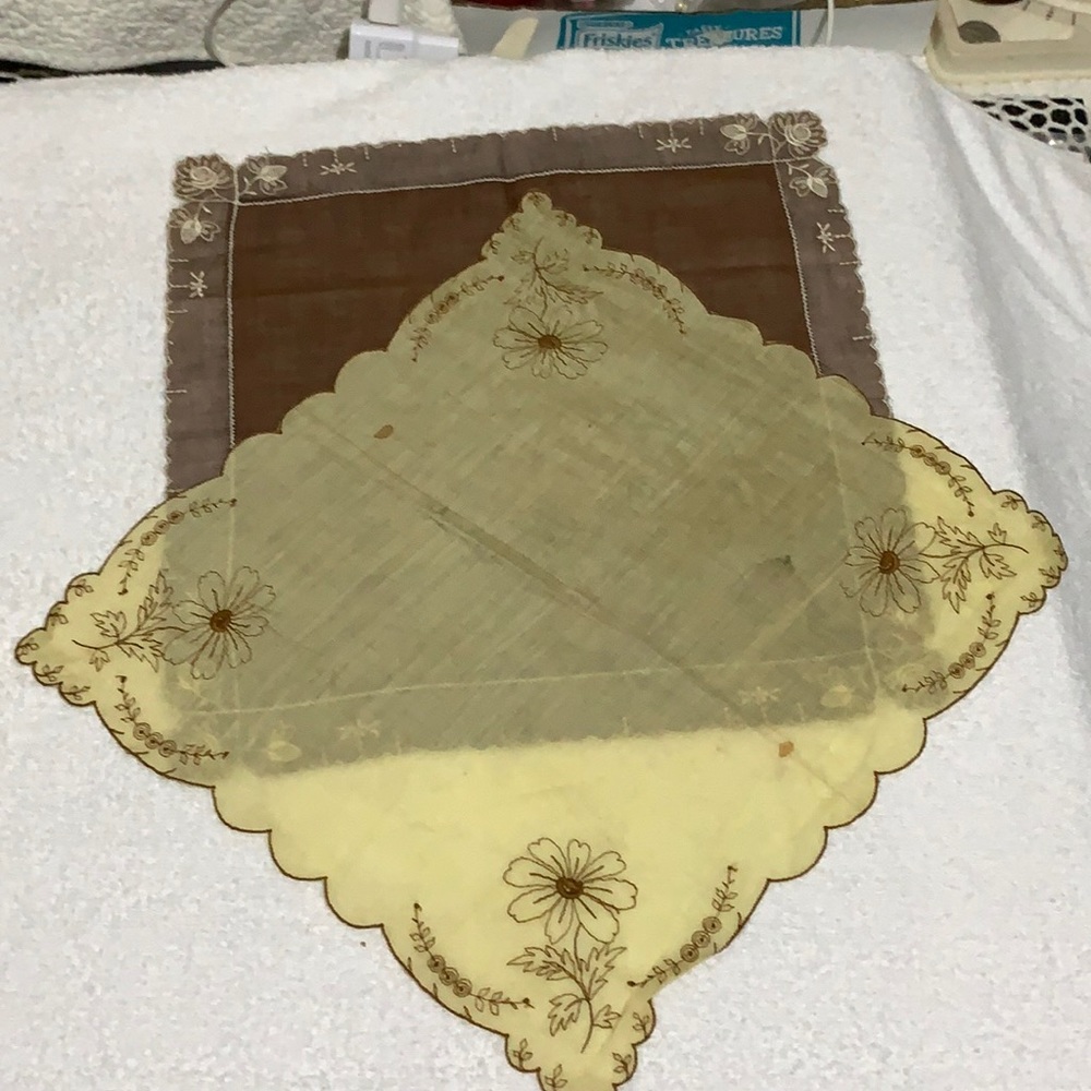 Vintage—( 2 ) Danity- Pocket Trim Accent Hankies -11”x11” size—Yellow —Brown
